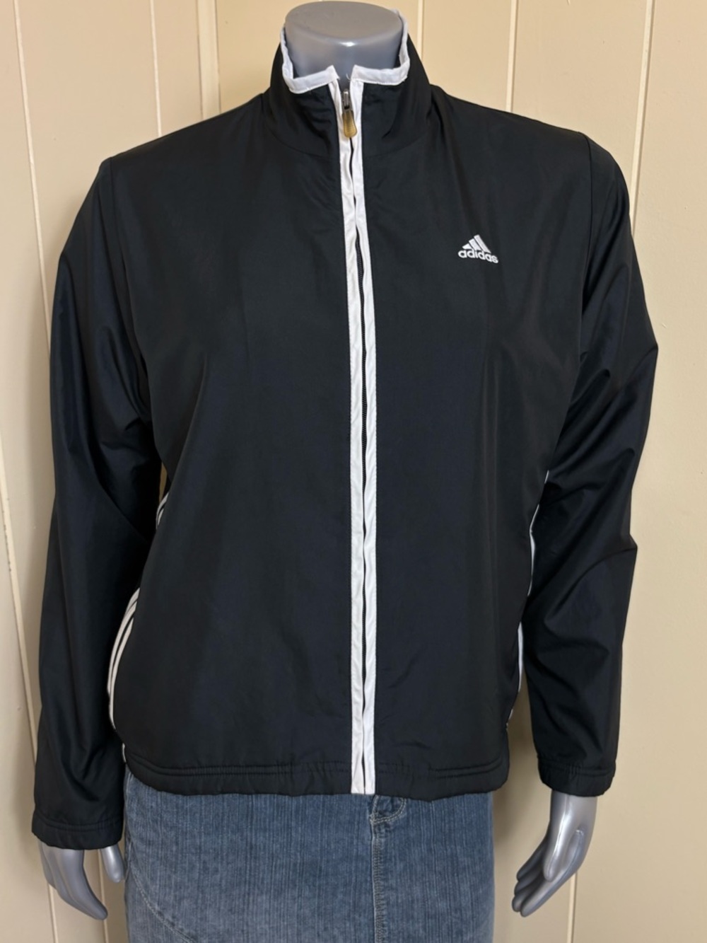 Vintage Adidas Womens Fleece Lined Windbreaker Jacket Size M Black White Logo